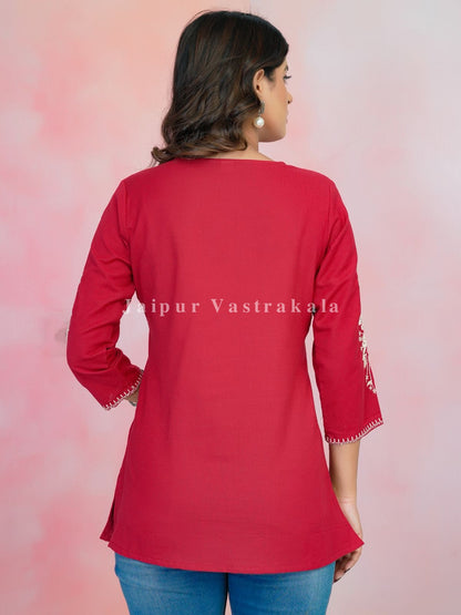 Red Petal Vein Embroidery Cotton Linen Top