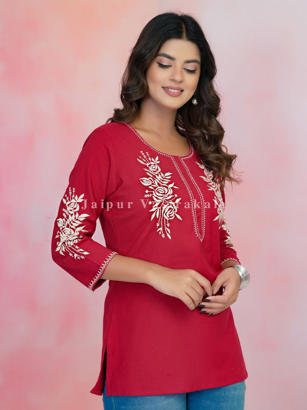 Red Petal Vein Embroidery Cotton Linen Top