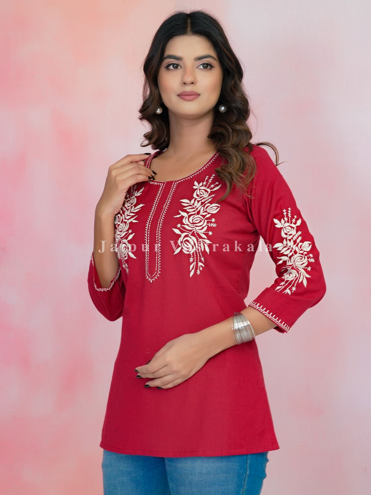 Red Petal Vein Embroidery Cotton Linen Top