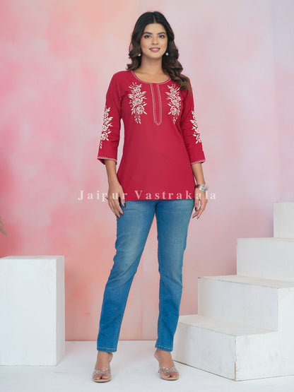 Red Petal Vein Embroidery Cotton Linen Top