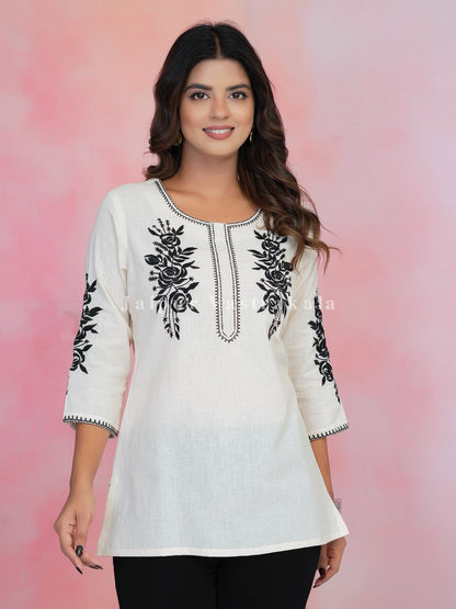 White Petal Vein Embroidery Cotton Linen Top