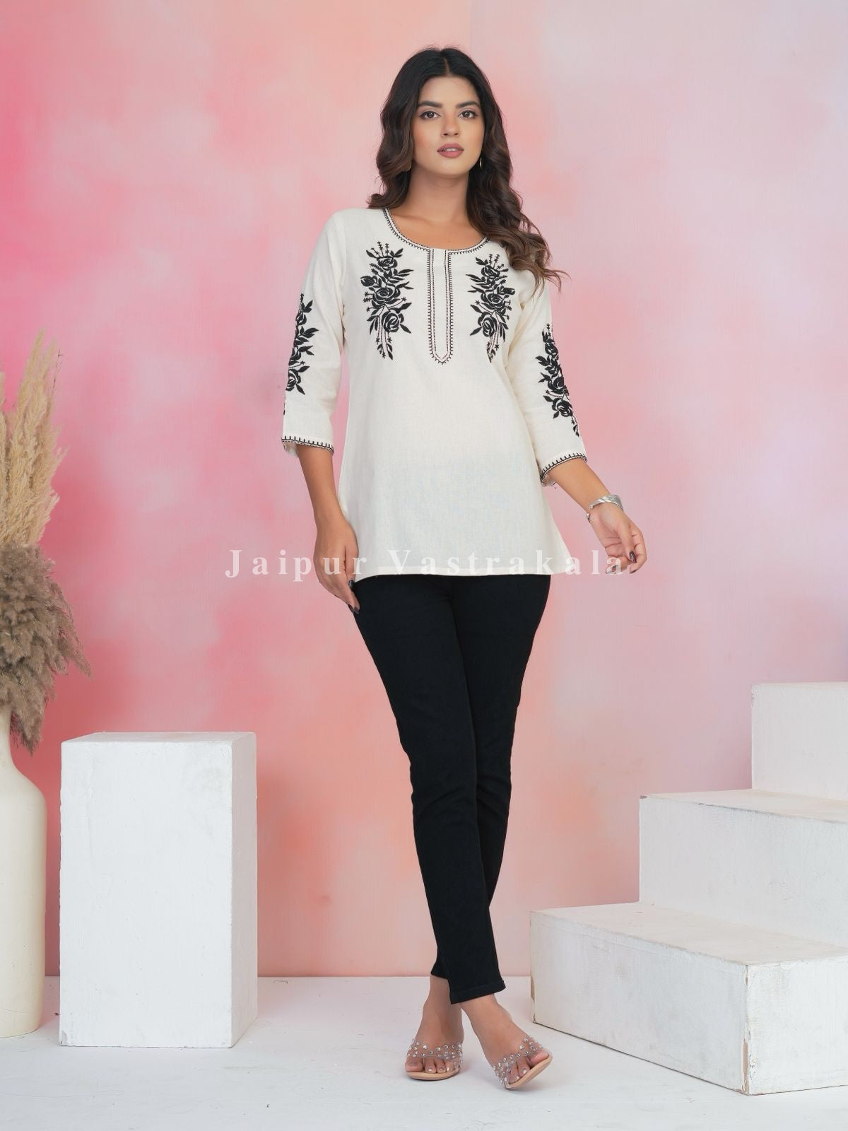 White Petal Vein Embroidery Cotton Linen Top