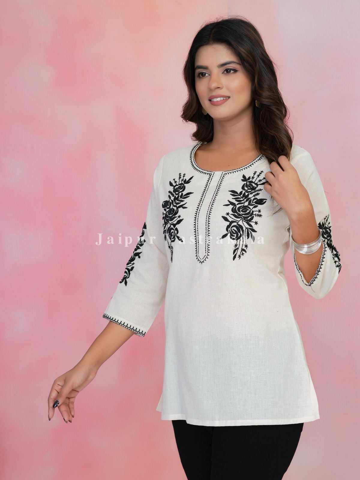 White Petal Vein Embroidery Cotton Linen Top
