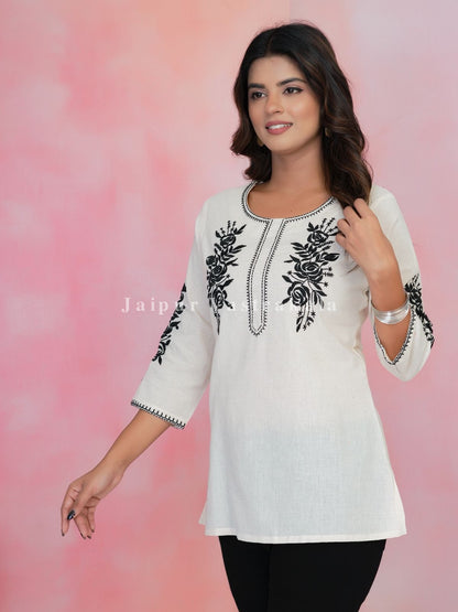 White Petal Vein Embroidery Cotton Linen Top