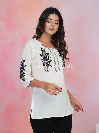 White Petal Vein Embroidery Cotton Linen Top