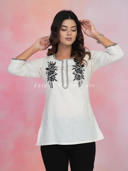 White Petal Vein Embroidery Cotton Linen Top