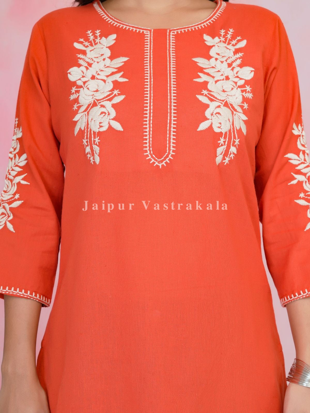 Orange Petal Vein Embroidery Cotton Linen Top