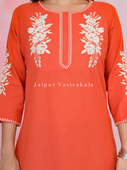 Orange Petal Vein Embroidery Cotton Linen Top