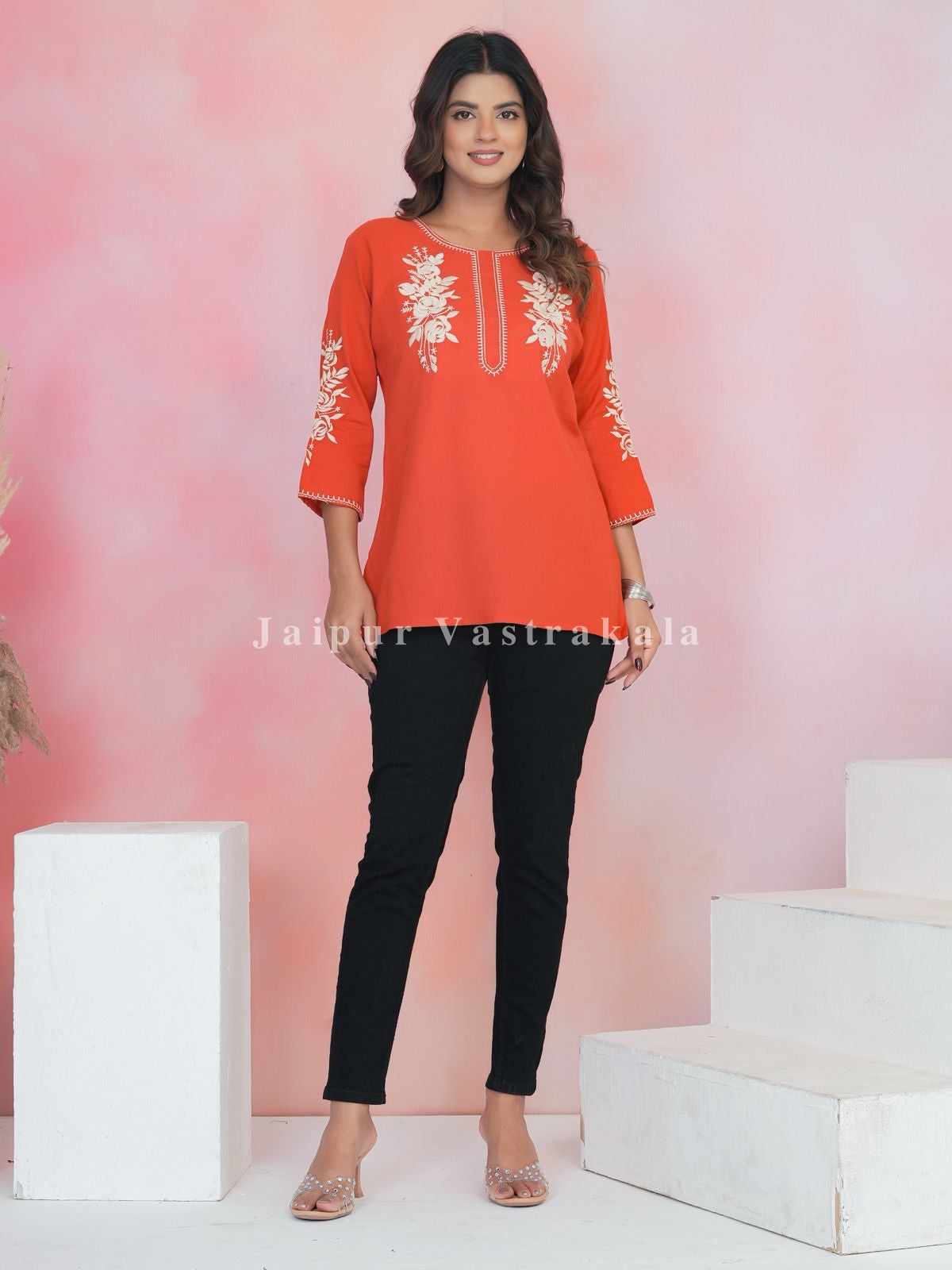 Orange Petal Vein Embroidery Cotton Linen Top