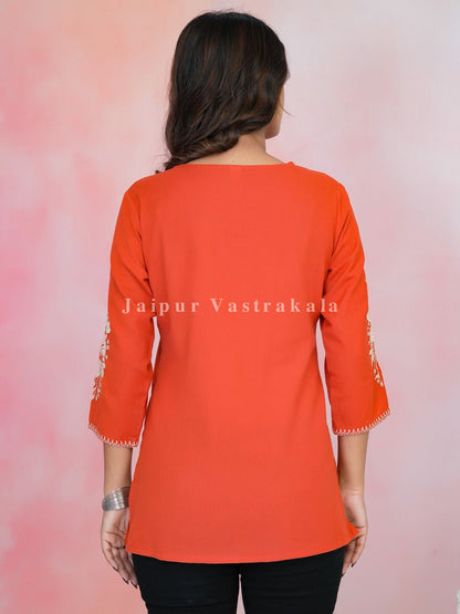 Orange Petal Vein Embroidery Cotton Linen Top