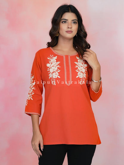 Orange Petal Vein Embroidery Cotton Linen Top