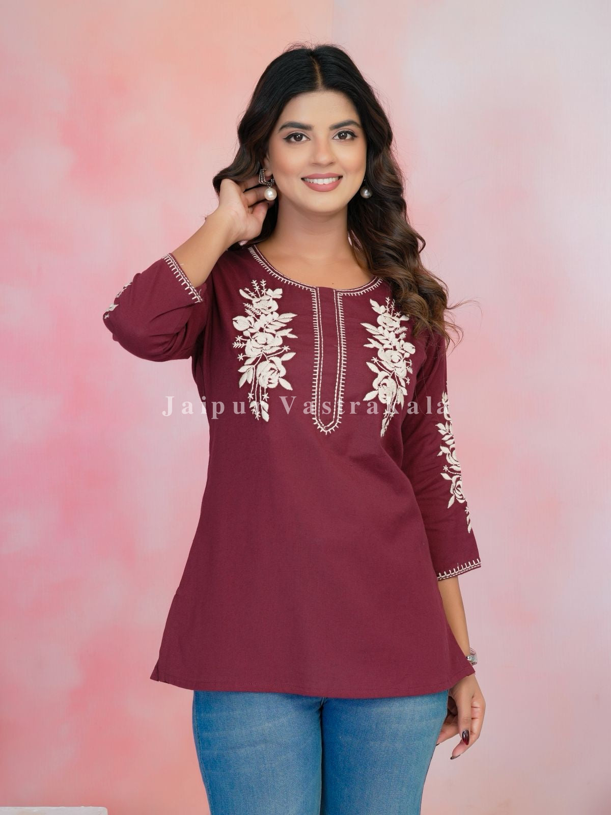 Maroon Petal Vein Embroidery Cotton Linen Top