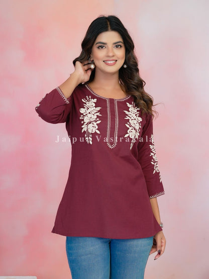 Maroon Petal Vein Embroidery Cotton Linen Top