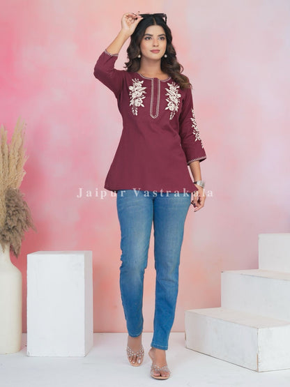 Maroon Petal Vein Embroidery Cotton Linen Top