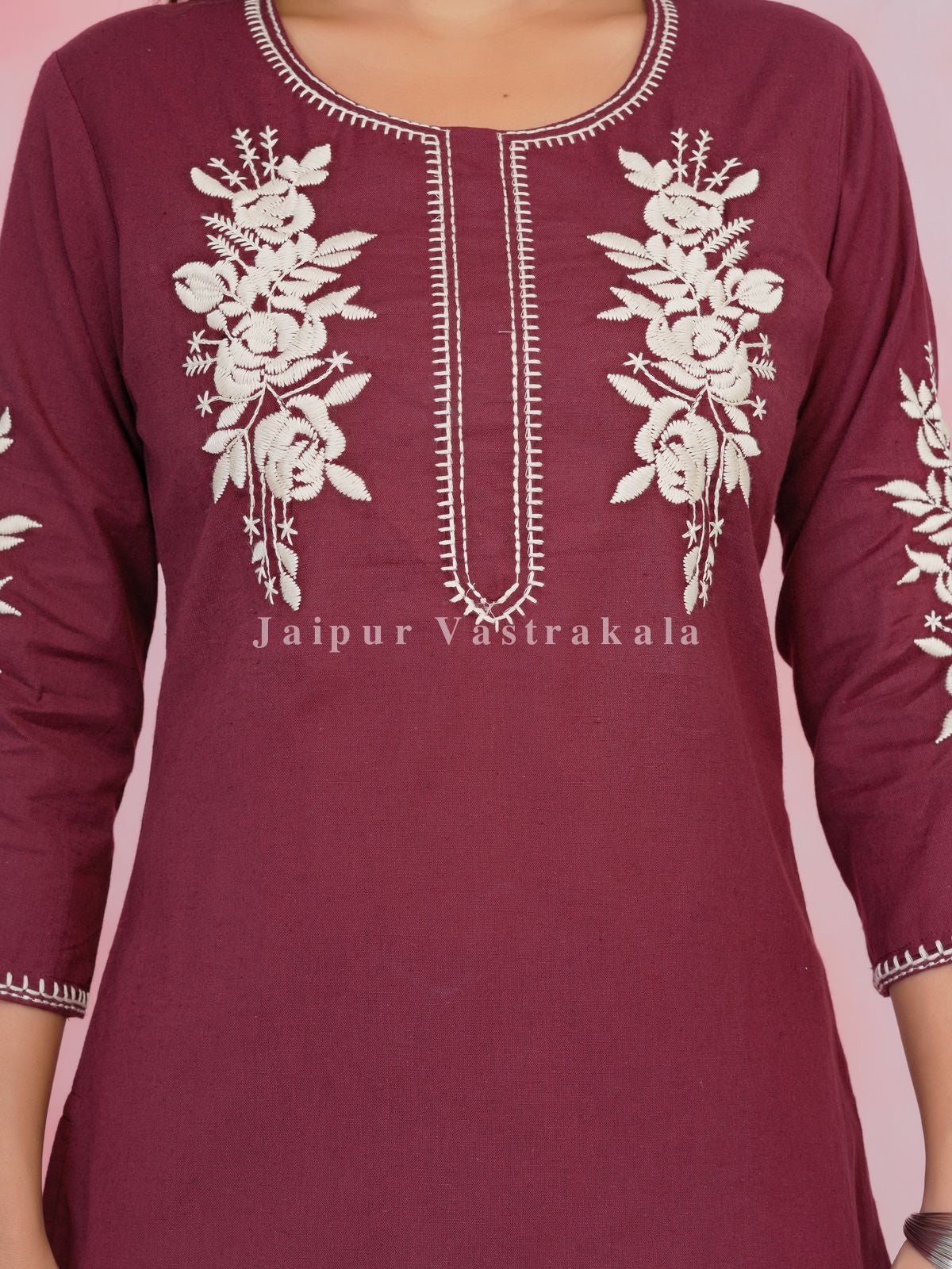 Maroon Petal Vein Embroidery Cotton Linen Top