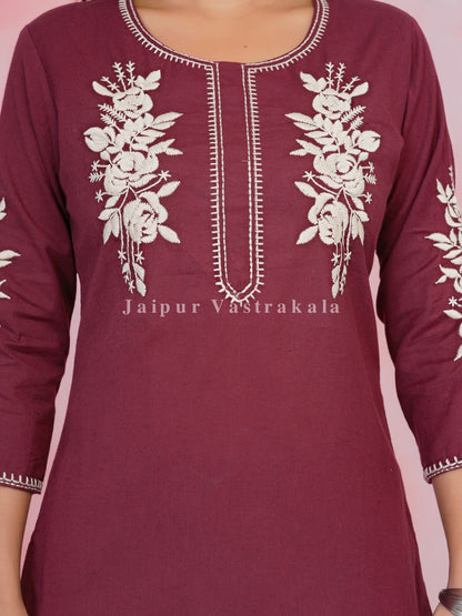 Maroon Petal Vein Embroidery Cotton Linen Top