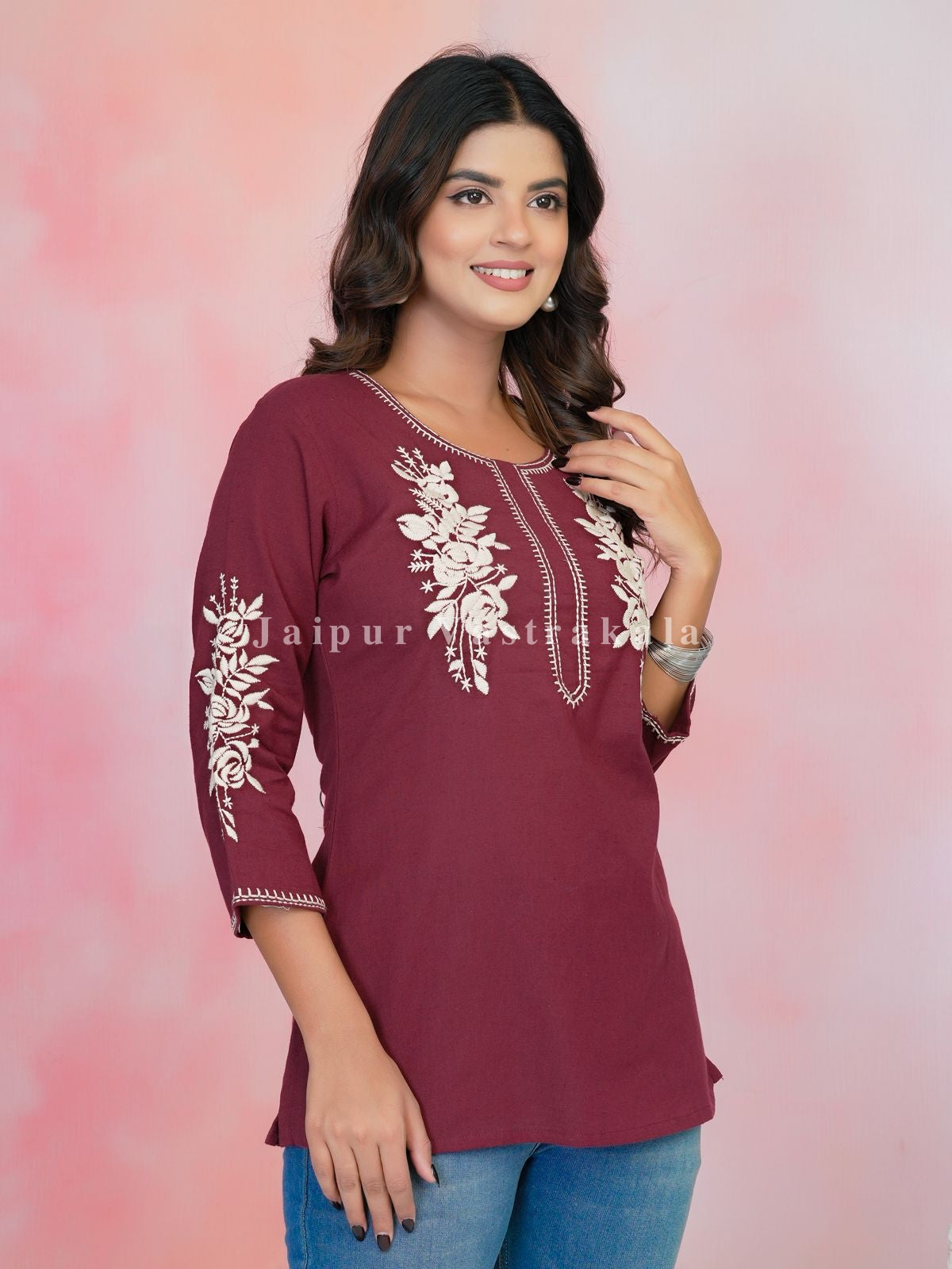 Maroon Petal Vein Embroidery Cotton Linen Top