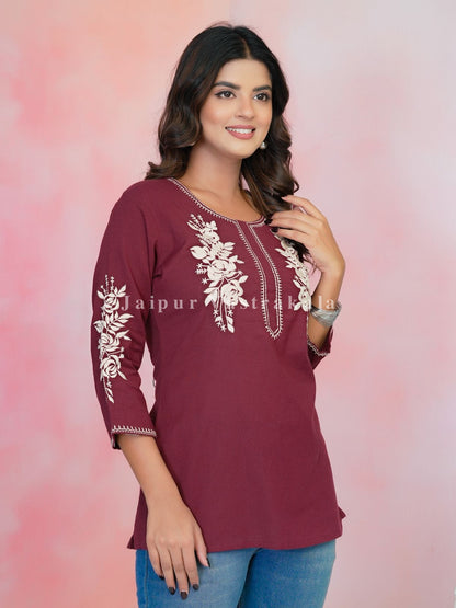 Maroon Petal Vein Embroidery Cotton Linen Top