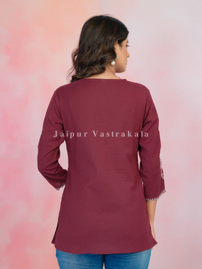 Maroon Petal Vein Embroidery Cotton Linen Top