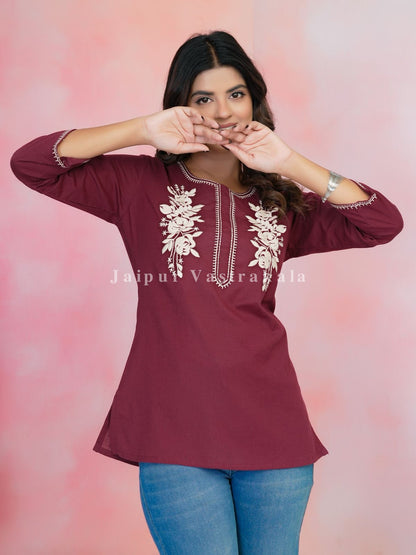 Maroon Petal Vein Embroidery Cotton Linen Top
