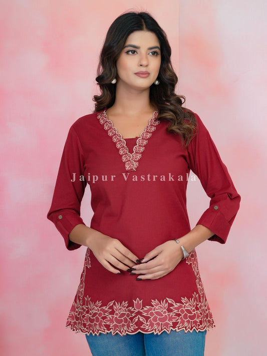 Red PhoolKari Embroidery Cotton Linen Top