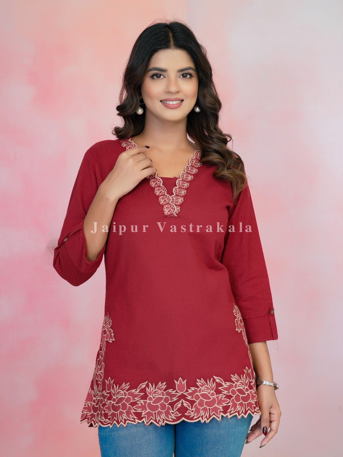 Red PhoolKari Embroidery Cotton Linen Top
