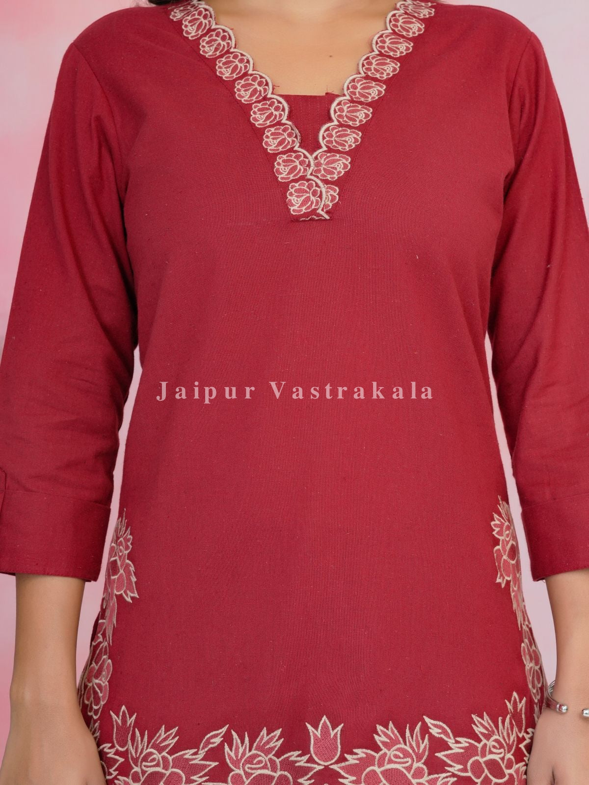 Red PhoolKari Embroidery Cotton Linen Top