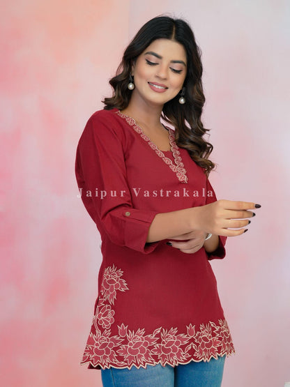 Red PhoolKari Embroidery Cotton Linen Top