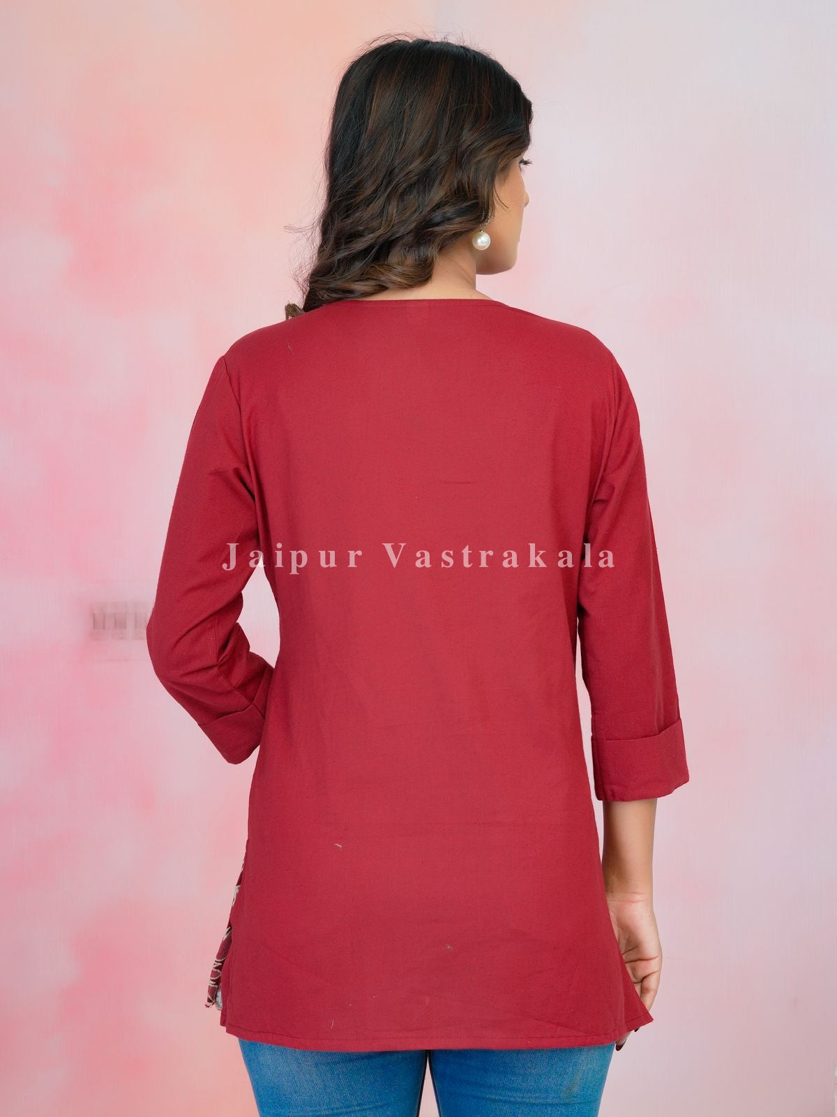 Red PhoolKari Embroidery Cotton Linen Top
