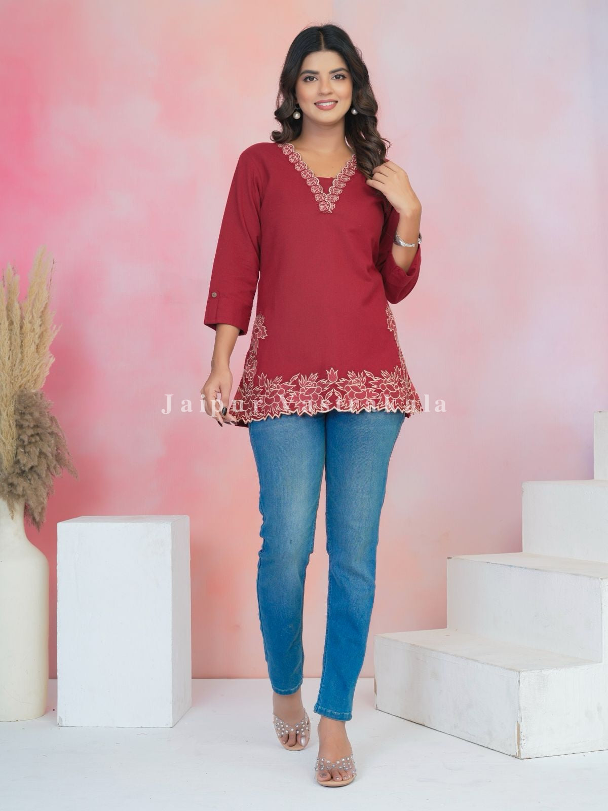 Red PhoolKari Embroidery Cotton Linen Top