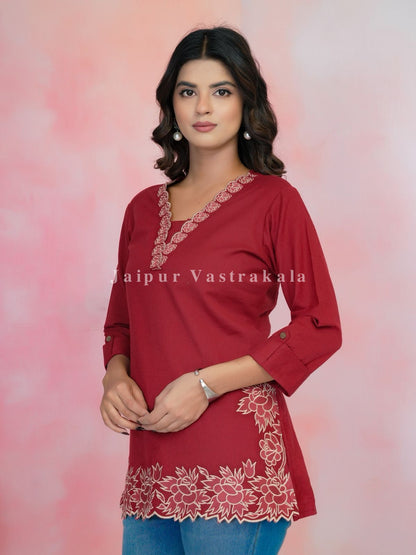 Red PhoolKari Embroidery Cotton Linen Top