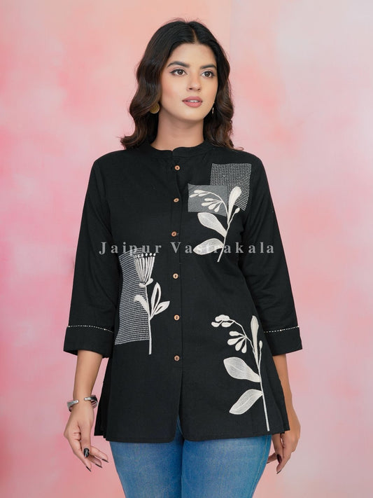 Black Leaf Embroidery Cotton Linen Top