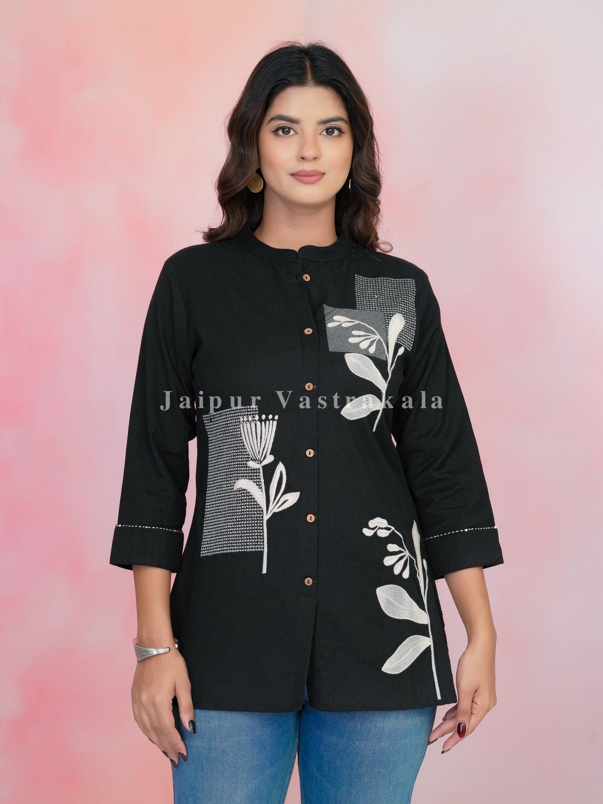 Black Leaf Embroidery Cotton Linen Top