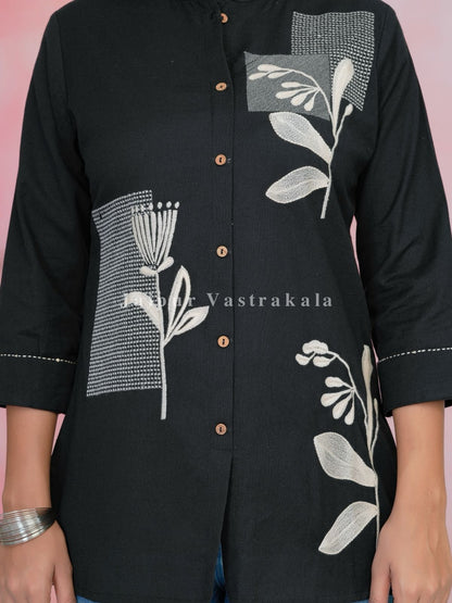 Black Leaf Embroidery Cotton Linen Top