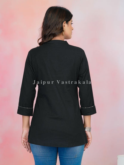 Black Leaf Embroidery Cotton Linen Top