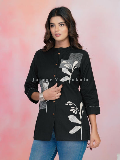 Black Leaf Embroidery Cotton Linen Top