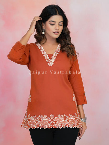 Orange PhoolKari Embroidery Cotton Linen Top
