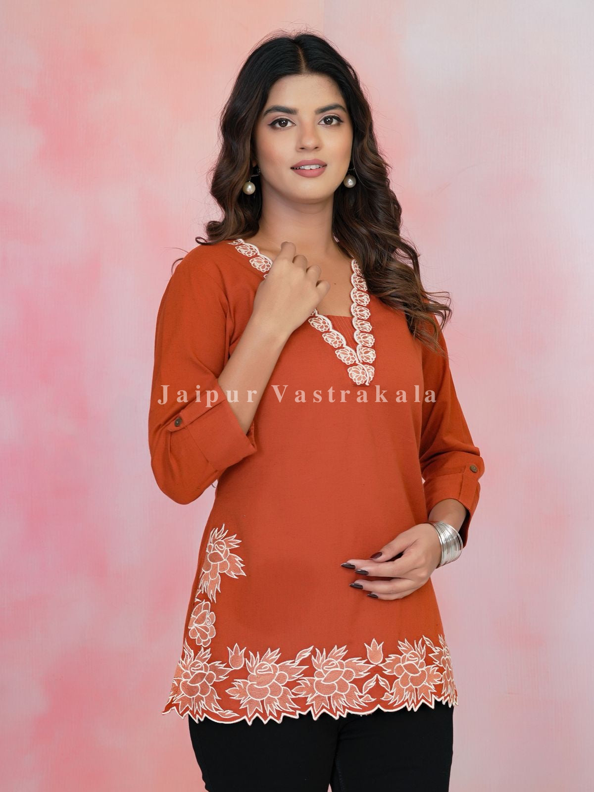 Orange PhoolKari Embroidery Cotton Linen Top