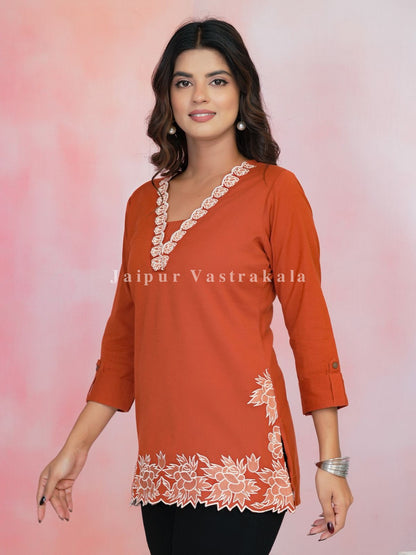 Orange PhoolKari Embroidery Cotton Linen Top