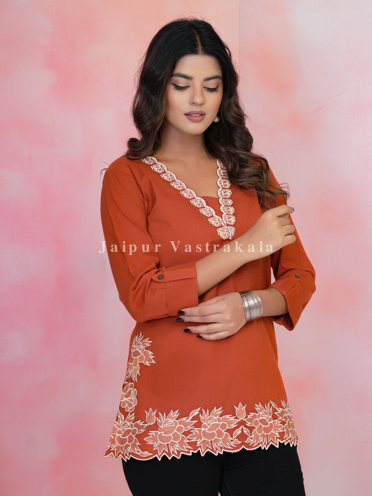 Orange PhoolKari Embroidery Cotton Linen Top