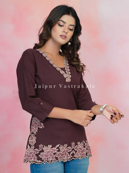 Wine PhoolKari Embroidery Cotton Linen Top