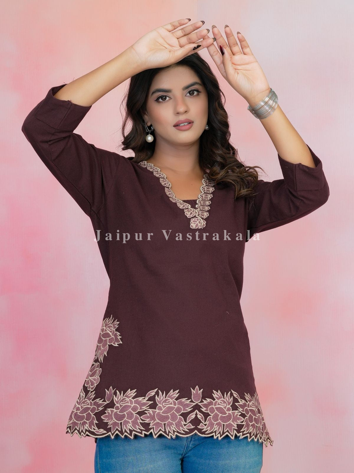 Wine PhoolKari Embroidery Cotton Linen Top