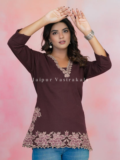 Wine PhoolKari Embroidery Cotton Linen Top