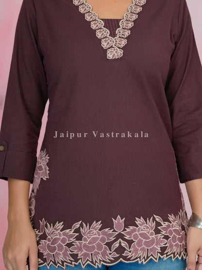 Wine PhoolKari Embroidery Cotton Linen Top