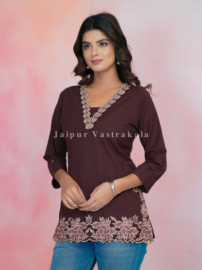 Wine PhoolKari Embroidery Cotton Linen Top