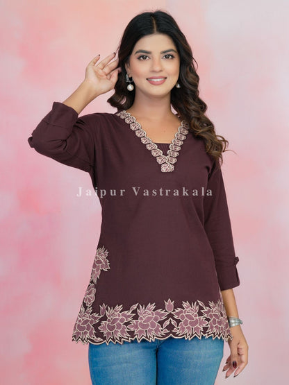 Wine PhoolKari Embroidery Cotton Linen Top