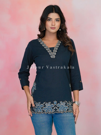 Teal PhoolKari Embroidery Cotton Linen Top