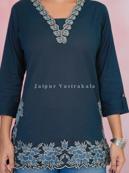 Teal PhoolKari Embroidery Cotton Linen Top