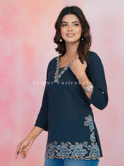 Teal PhoolKari Embroidery Cotton Linen Top