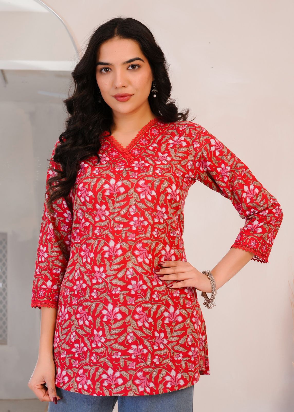 Red Phulkari Cotton Top